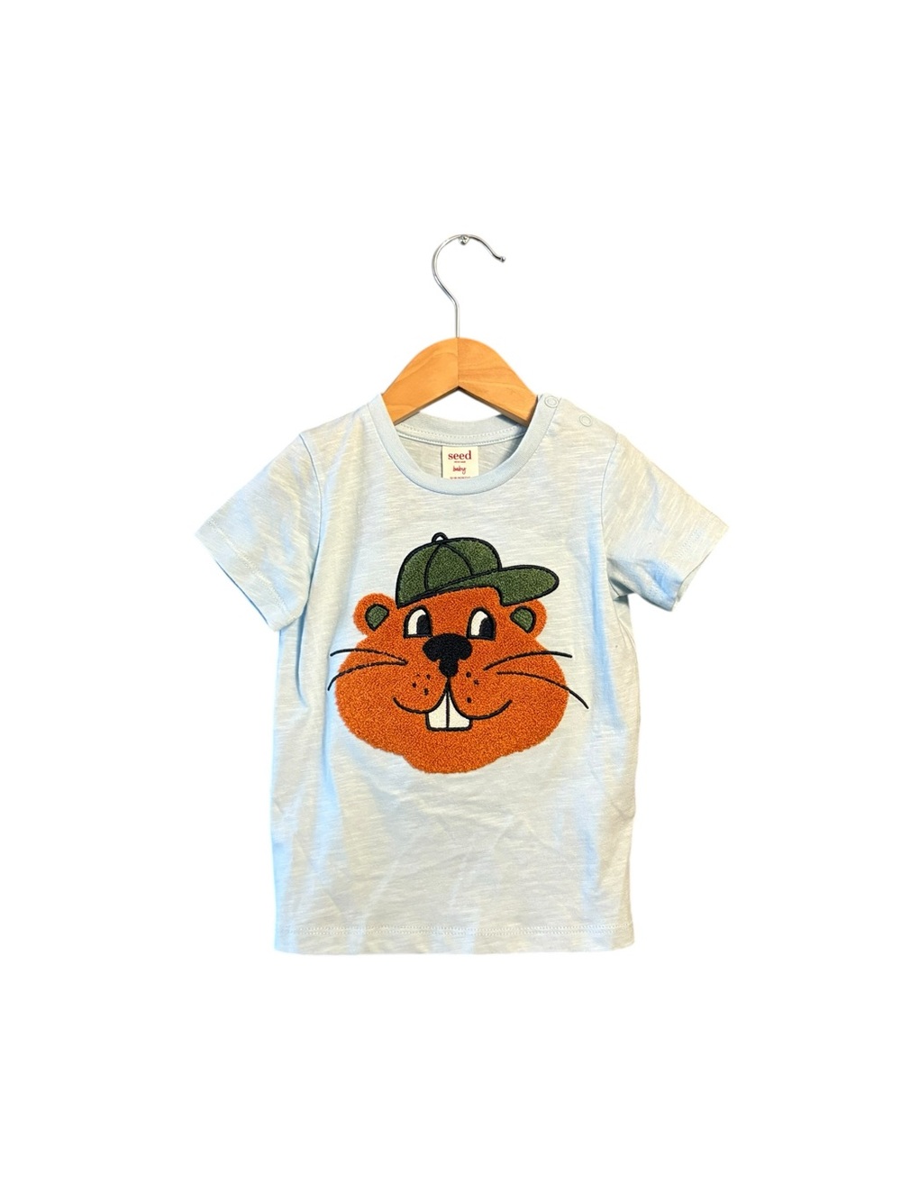 Seed Heritage Light Blue Tee with Orange Animal Face and Green Hat